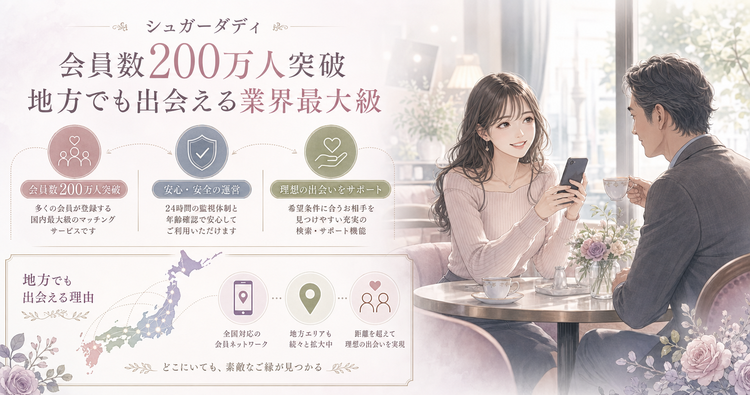 第1位:シュガーダディ、会員数200万人突破で地方でも出会える業界最大級