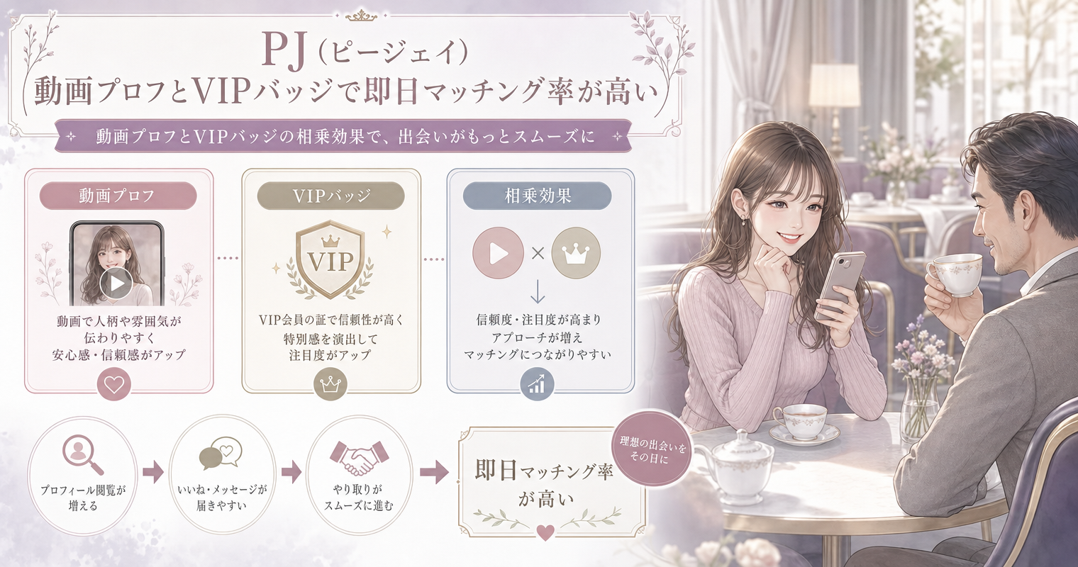 第2位:PJ(ピージェイ)、動画プロフとVIPバッジで即日マッチング率が高い