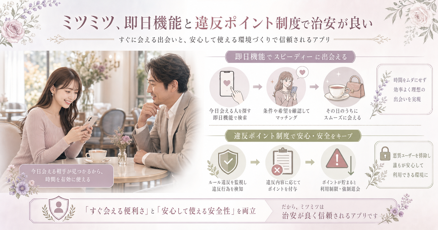 第5位:ミツミツ、即日機能と違反ポイント制度で治安が良い